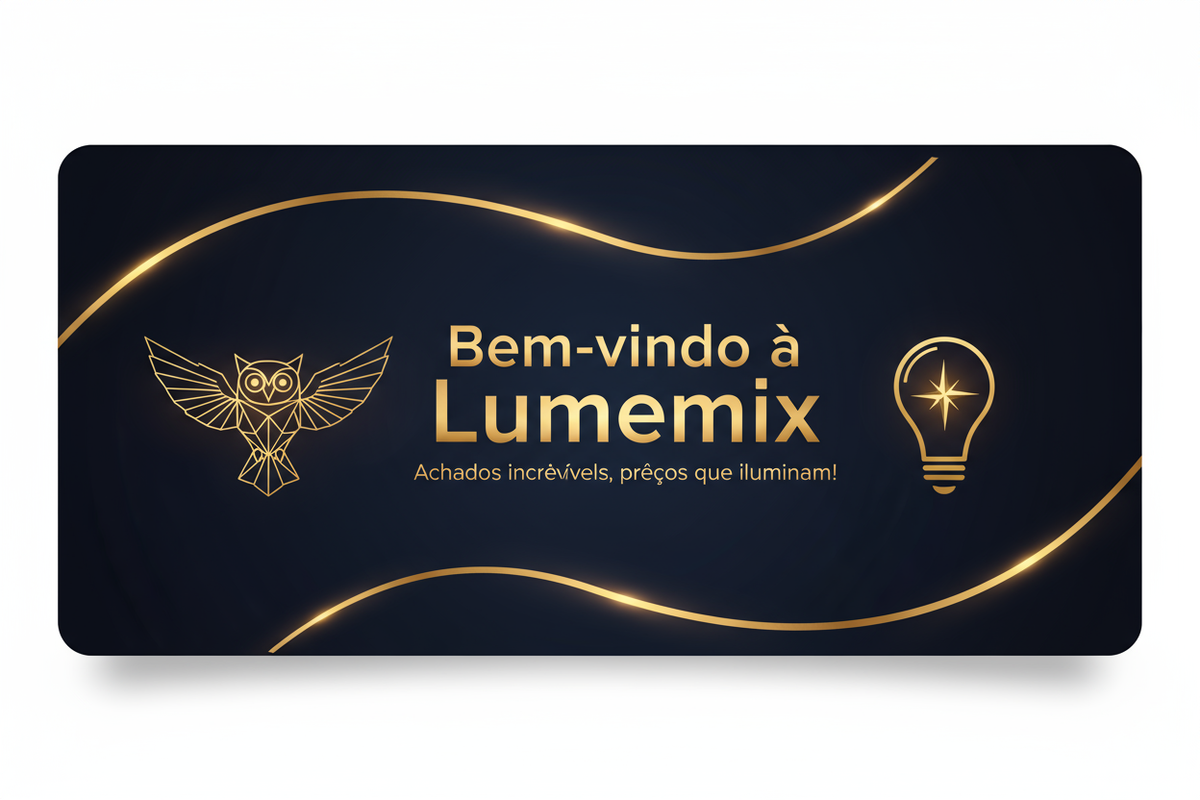 Crie um banner profissional para a loja online chamada “Lumemix”. 
Estilo moderno e minimalista, fundo azul-marinho escuro com detalhes dourados metálicos e efeitos de brilho suave. 
Tipografia elegante e limpa. 
Inclua o texto: “Bem-vindo à Lumemix — Achados incríveis, preços que iluminam!”. 
Adicione um mascote sutil, como uma coruja ou lâmpada dourada simbolizando descoberta e brilho. 
Formato horizontal 750x1100, alta qualidade.