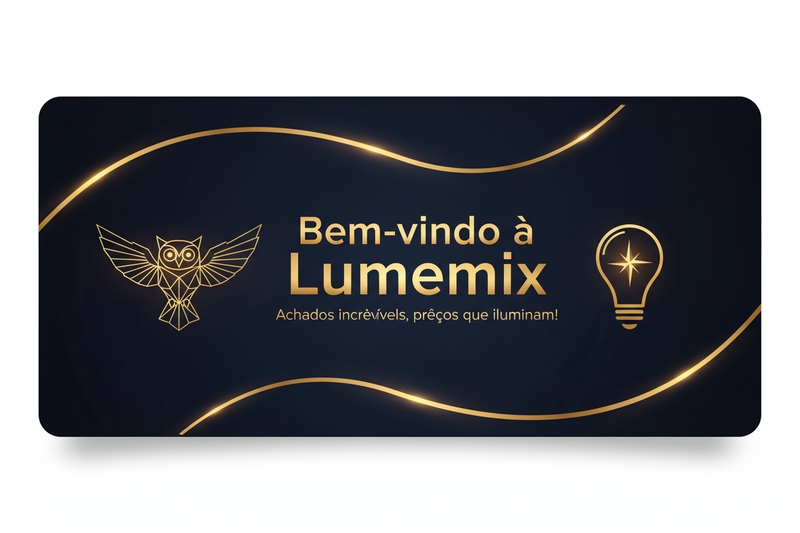 Crie um banner profissional para a loja online chamada “Lumemix”. 
Estilo moderno e minimalista, fundo azul-marinho escuro com detalhes dourados metálicos e efeitos de brilho suave. 
Tipografia elegante e limpa. 
Inclua o texto: “Bem-vindo à Lumemix — Achados incríveis, preços que iluminam!”. 
Adicione um mascote sutil, como uma coruja ou lâmpada dourada simbolizando descoberta e brilho. 
Formato horizontal 750x1100, alta qualidade.